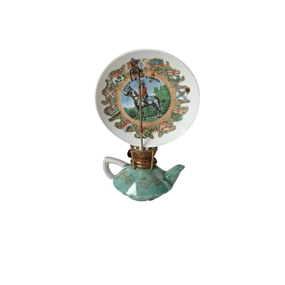 Vintage Souvenir Miniature Oil Lamp With Plate Royal Mounted Police Lusterware